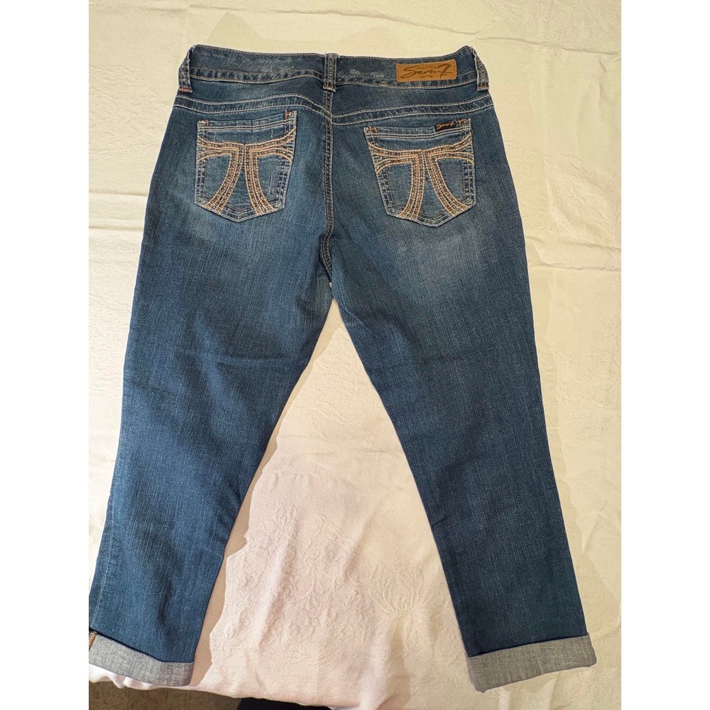 Seven7 Womens Distressed Cropped Jeans Medium Wash Cuffed Capris Size 10